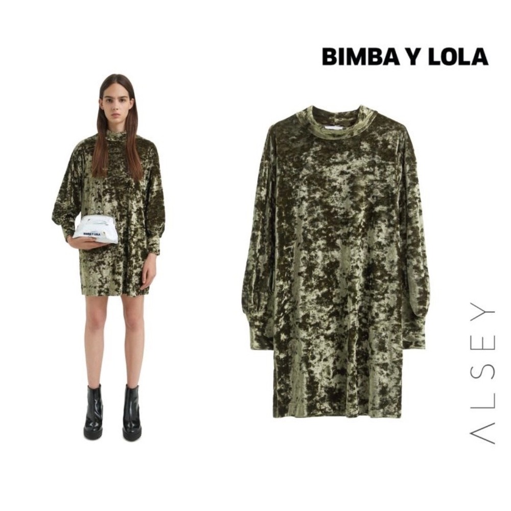 Bimba y Lola Velvet Dress Womens M Olive Green Whimsigoth Mock Neck Button Cuff
